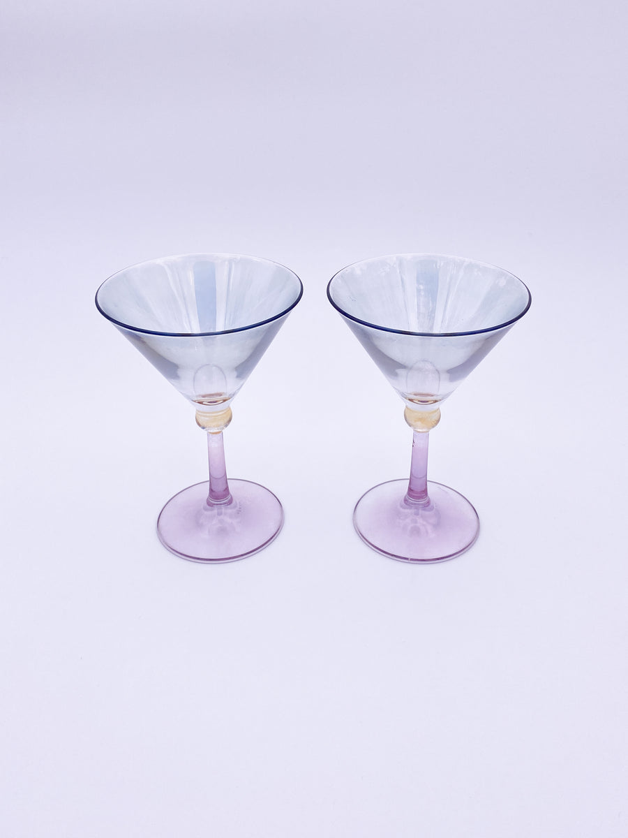 Pair of Small Purple with Clear Stem Stem Martini Glasses 5.5 Tall